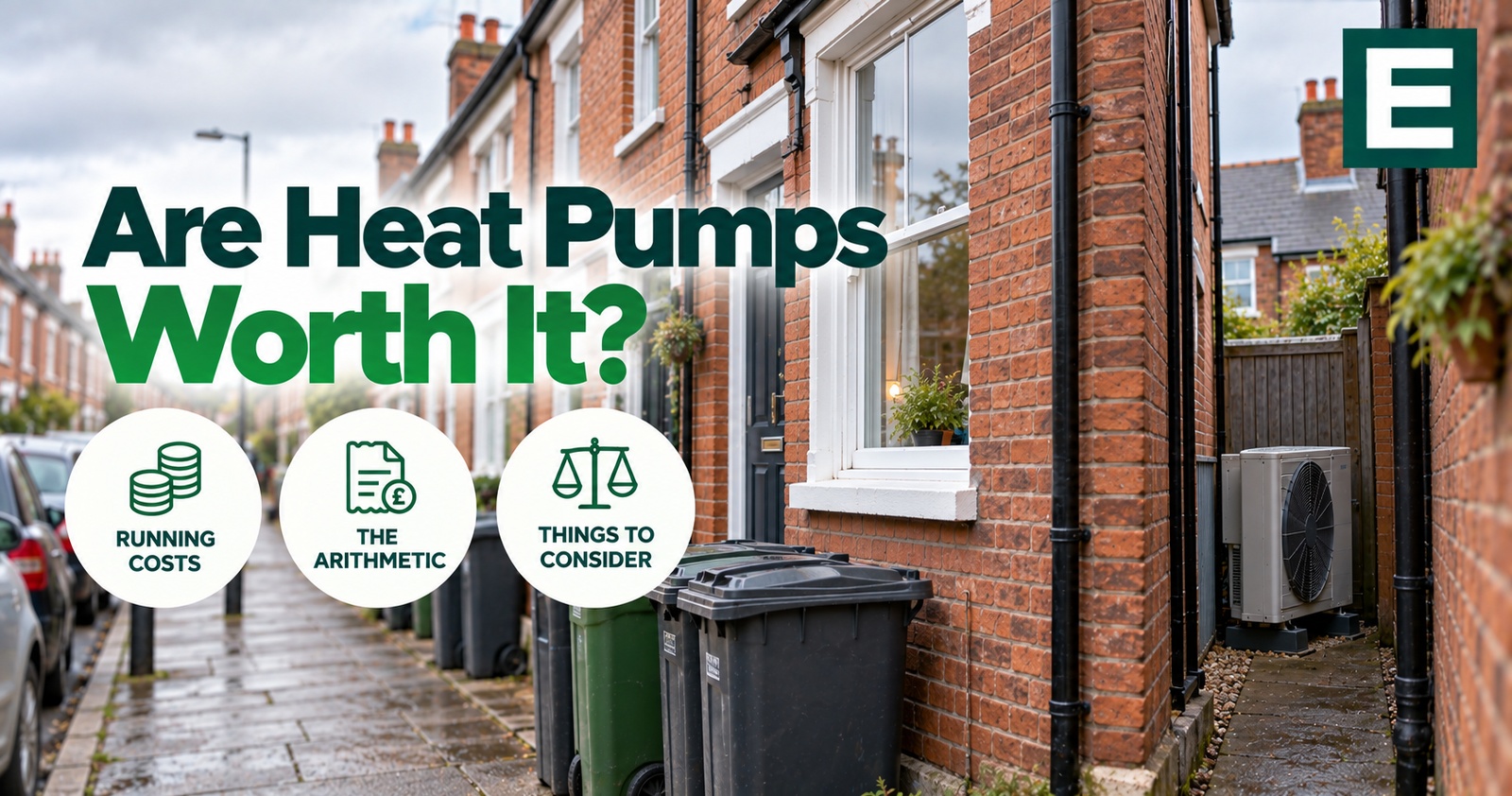 Air source heat pump in the narrow side passage of a Victorian terraced house on a wet British street