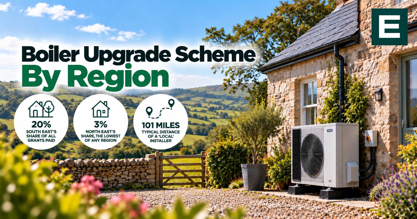 UK air source heat pump on a rural property, illustrating regional gaps in Boiler Upgrade Scheme grants and installer coverage
