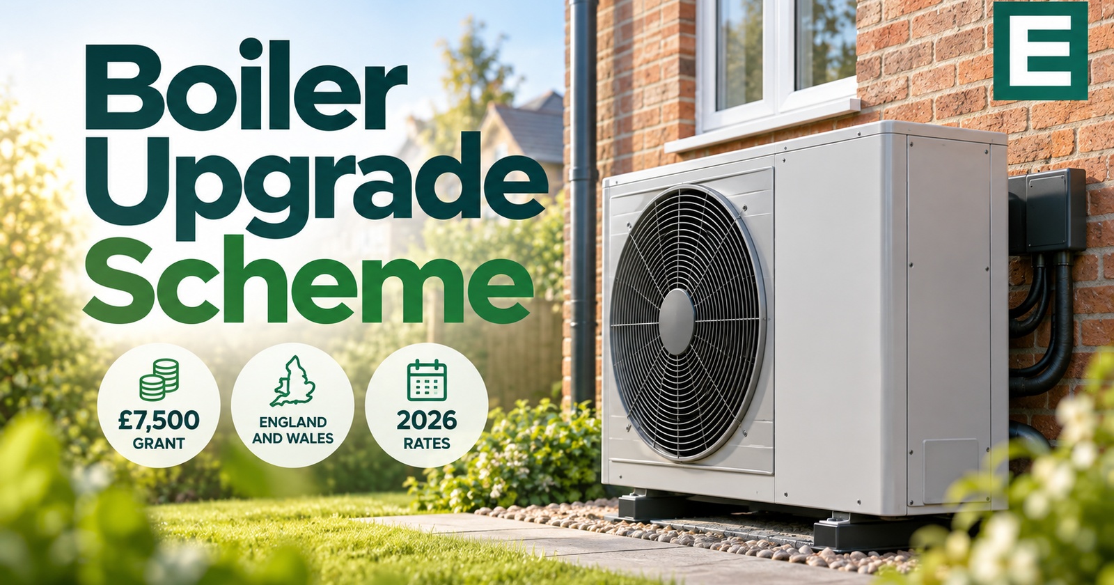 Air source heat pump outside a UK home, eligible for the £7,500 Boiler Upgrade Scheme grant