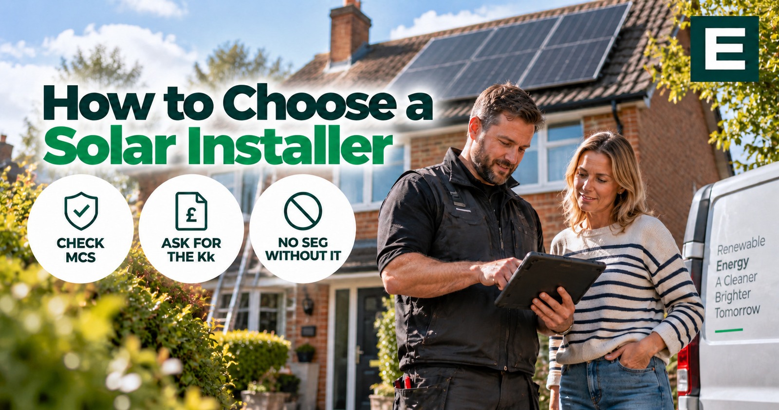 A solar installer showing a quote on a tablet to a homeowner outside a British house with panels on the roof