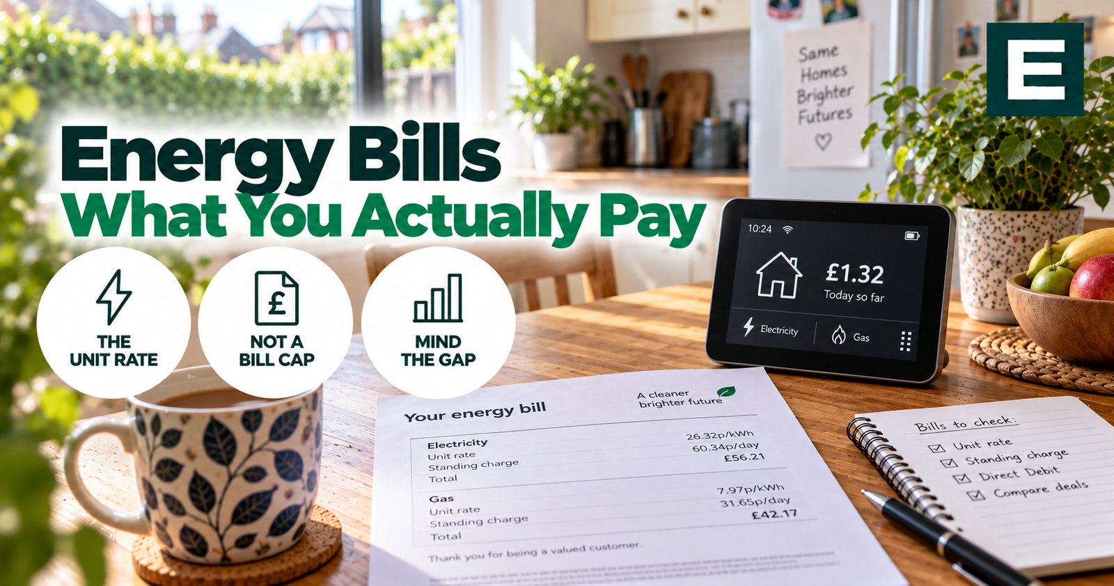 An energy bill showing unit rates and standing charges, a smart meter display and a mug on a kitchen table