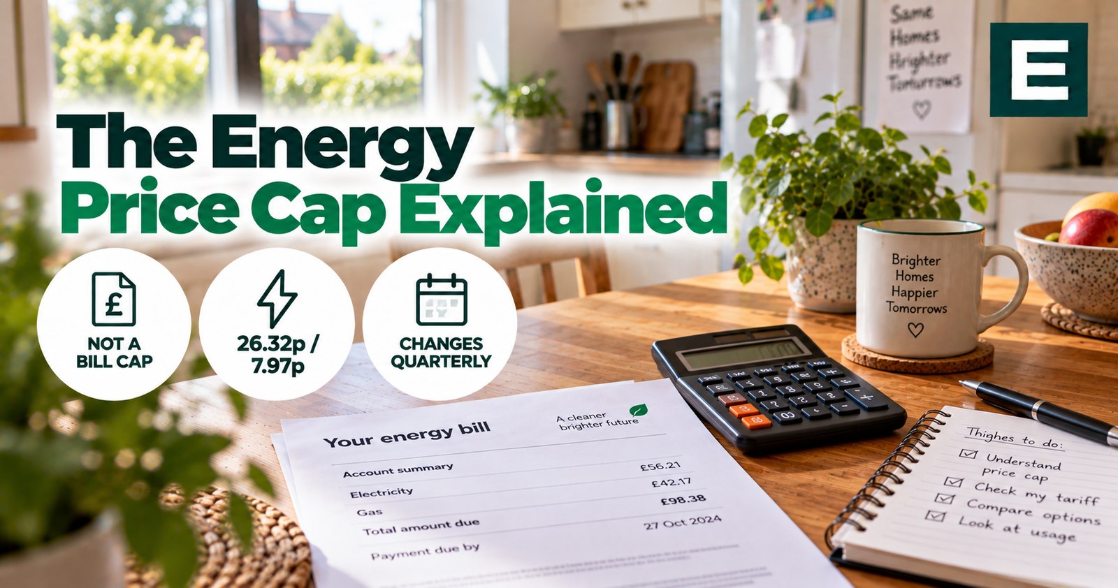 A UK energy bill and a calculator on a kitchen table