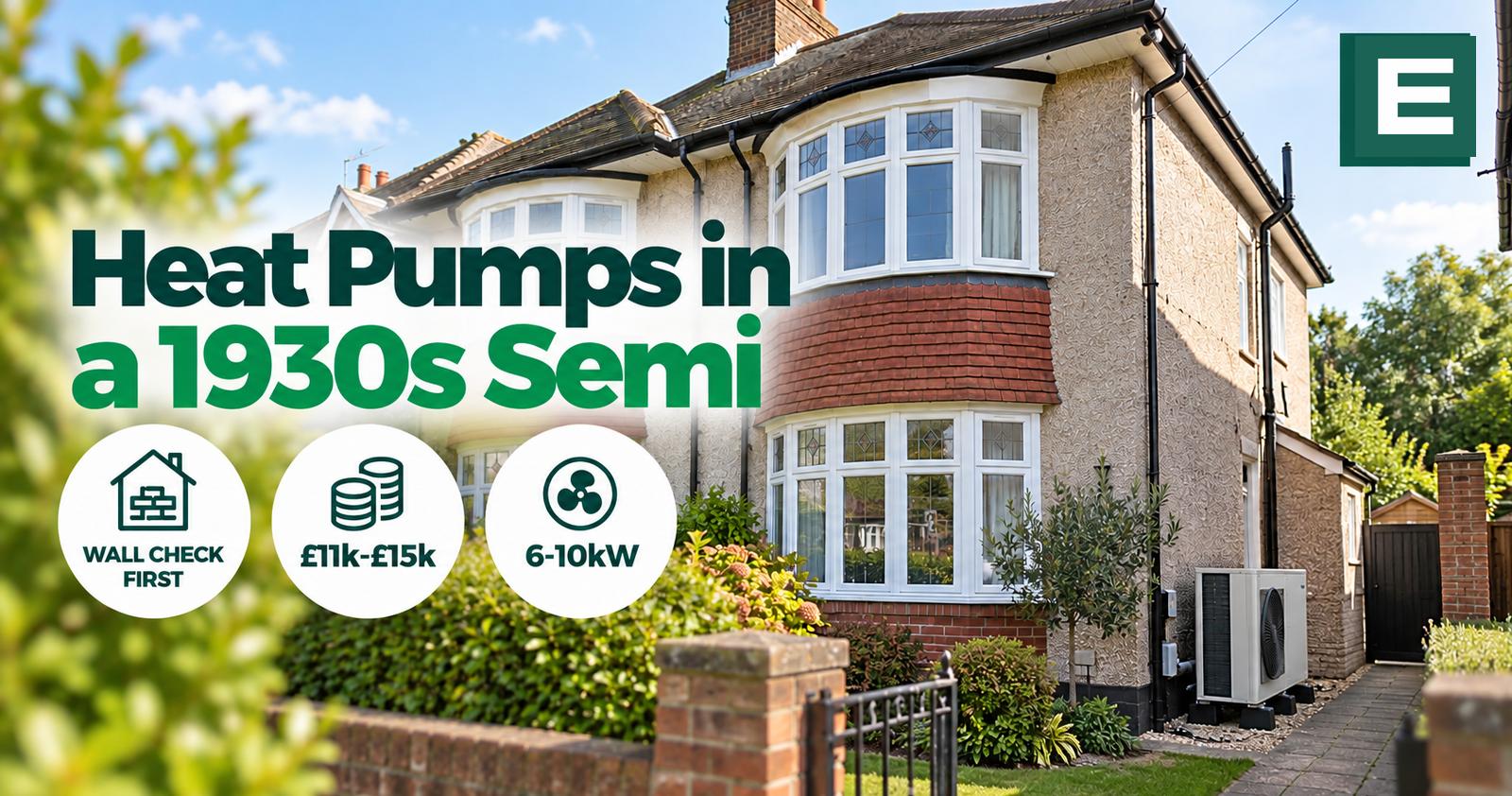 A 1930s pebbledashed semi-detached house with a bay window and an air source heat pump unit at the side of the property