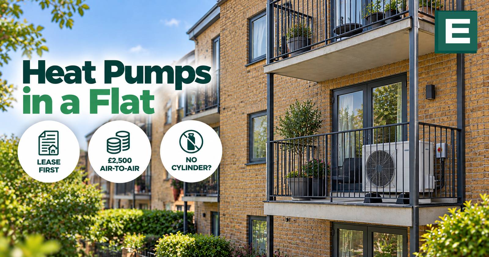 A brick block of flats with balconies and an air source heat pump unit mounted externally
