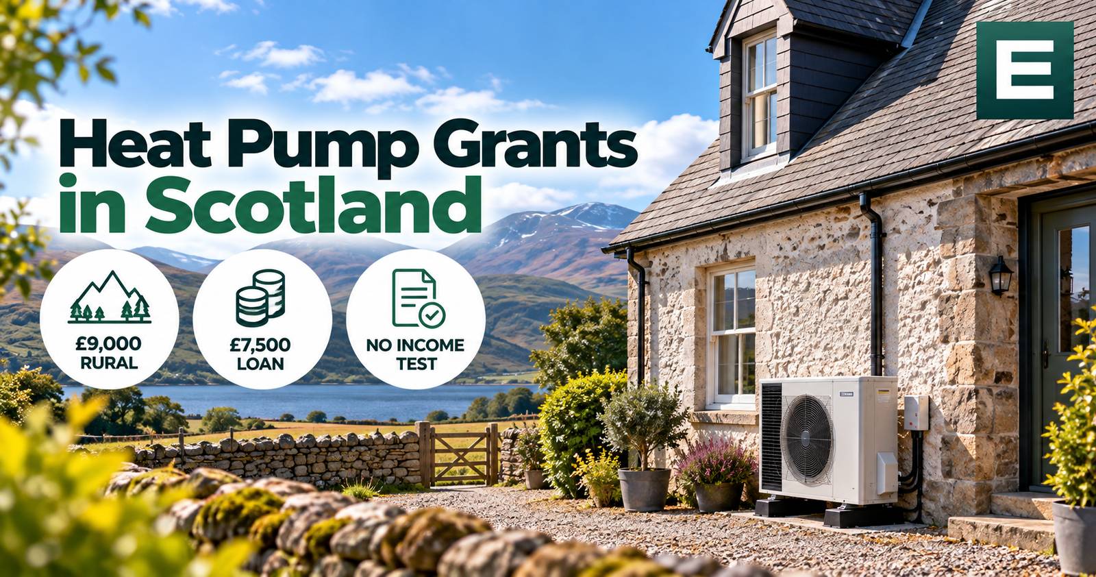 A rural Scottish house with an air source heat pump unit outside, hills in the background