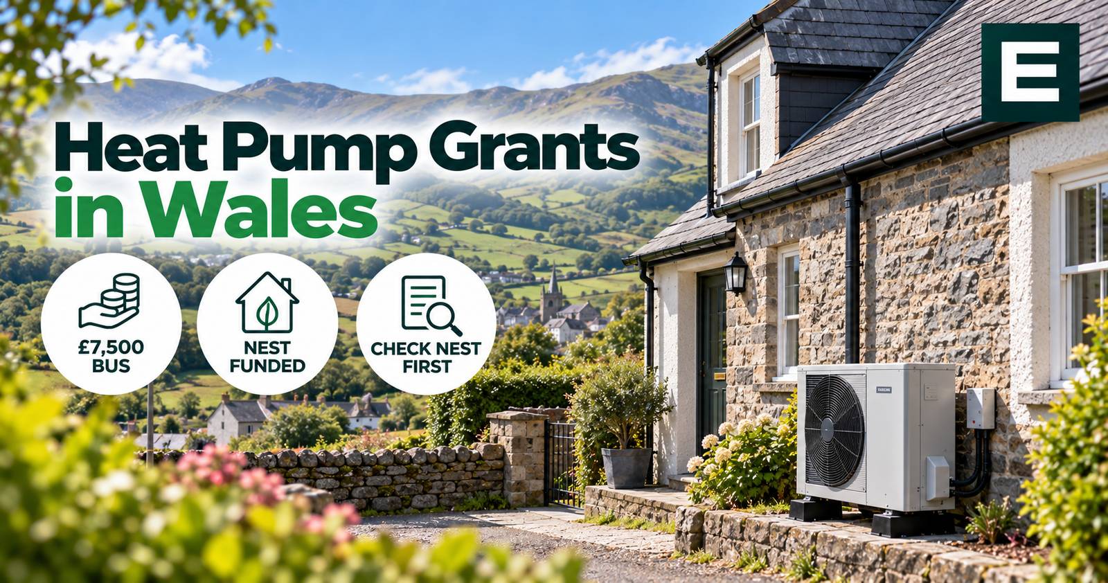 A Welsh stone house with an air source heat pump unit outside, hillside in the background