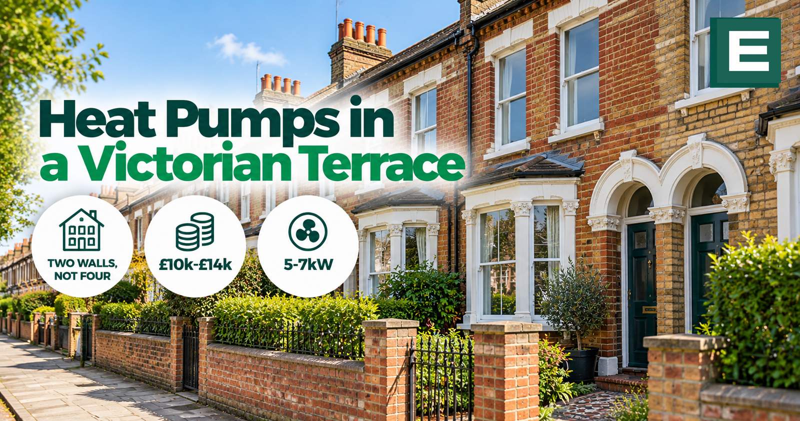 A row of Victorian terraced houses with sash windows and brick frontages, the property type covered by this heat pump guide