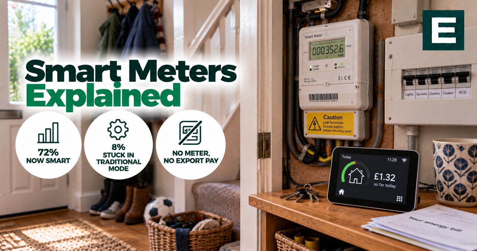 A smart electricity meter with a digital in-home display in a hallway
