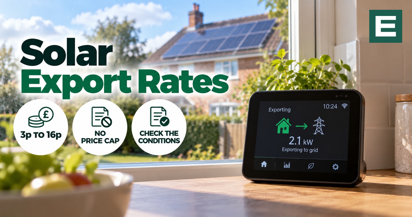 A smart meter display on a kitchen worktop showing 2.1kW being exported to the grid, with solar panels on a roof visible through the window
