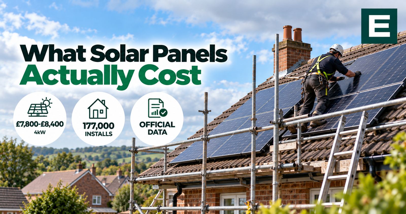 An installer fitting solar panels on a tiled British roof from scaffolding, with a partly completed array