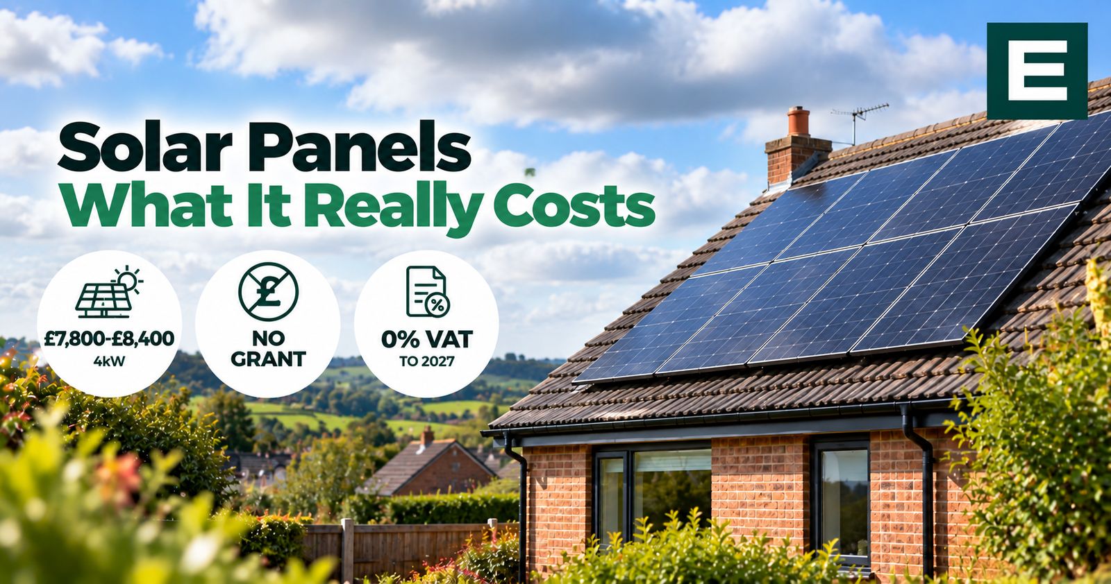Solar panels on the tiled roof of a British brick house with countryside behind