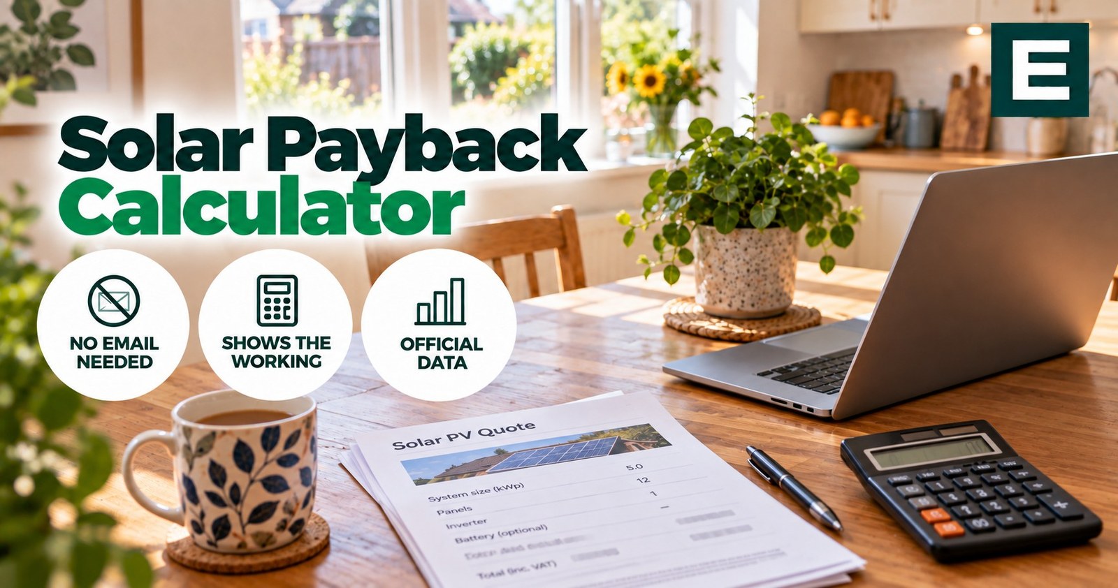 A solar quote, a calculator and a mug of tea on a kitchen table in a British home