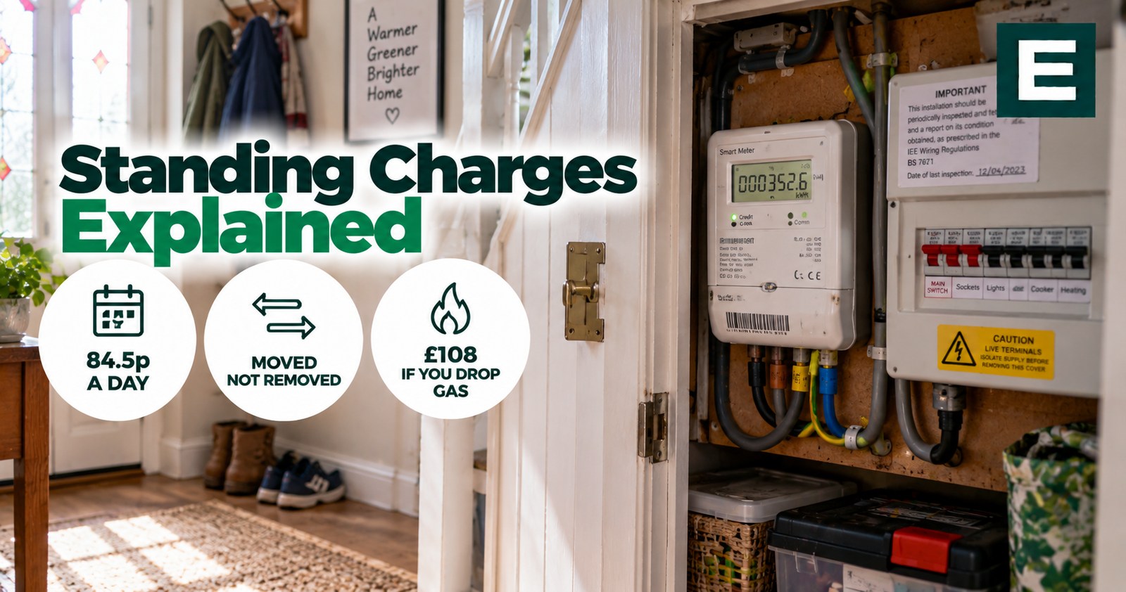 An electricity meter and consumer unit in the understairs cupboard of a British home