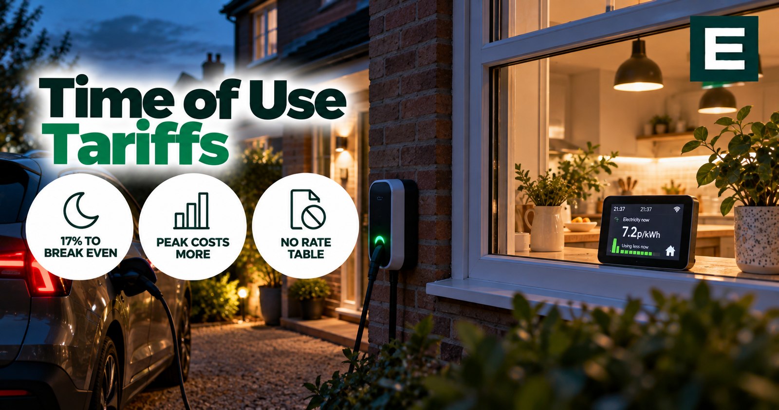 A British house at night with an electric car charging on the driveway